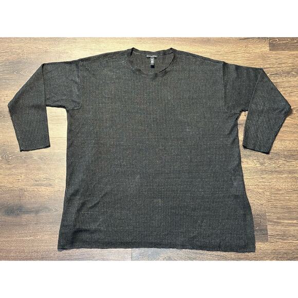 Eileen Fisher Womens Ribbed Long Sleeve Organic Linen Top Size Dark Gray - Picture 1 of 8